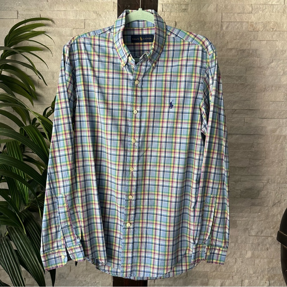 RALPH LAUREN Blue Multicolor Pastel Plaid Cotton Button Down Size M